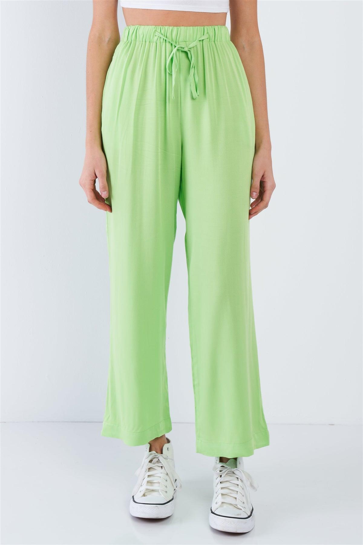 Neon Green Cotton Relaxed Fit Casual Wide Leg Ankle Pant   /3-2-1