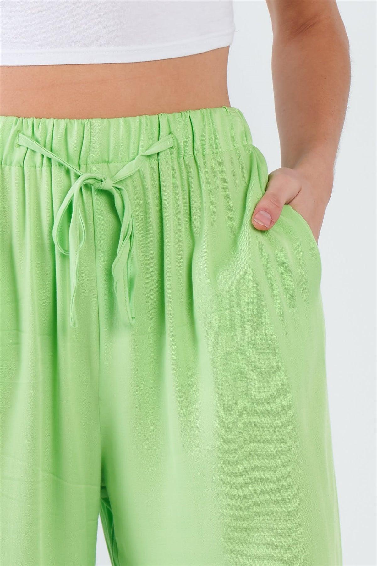 Neon Green Cotton Relaxed Fit Casual Wide Leg Ankle Pant   /3-2-1