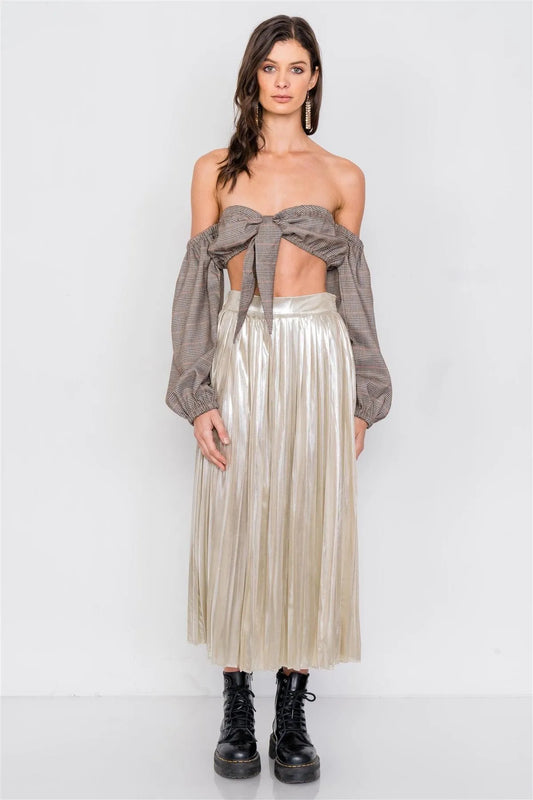 Gold Metallic Pleated Chic Midi Skirt /3-2-1 - Tasha Apparel Wholesale