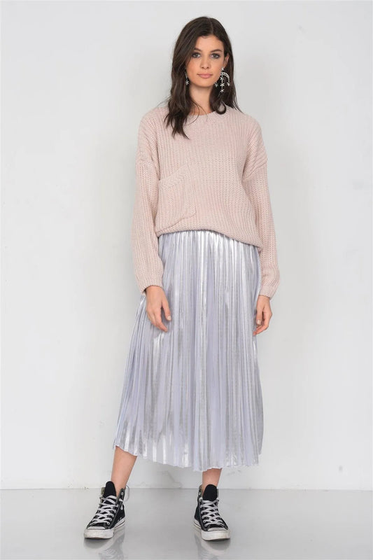 Silver Metallic Pleated Chic Midi Skirt - Tasha Apparel Wholesale