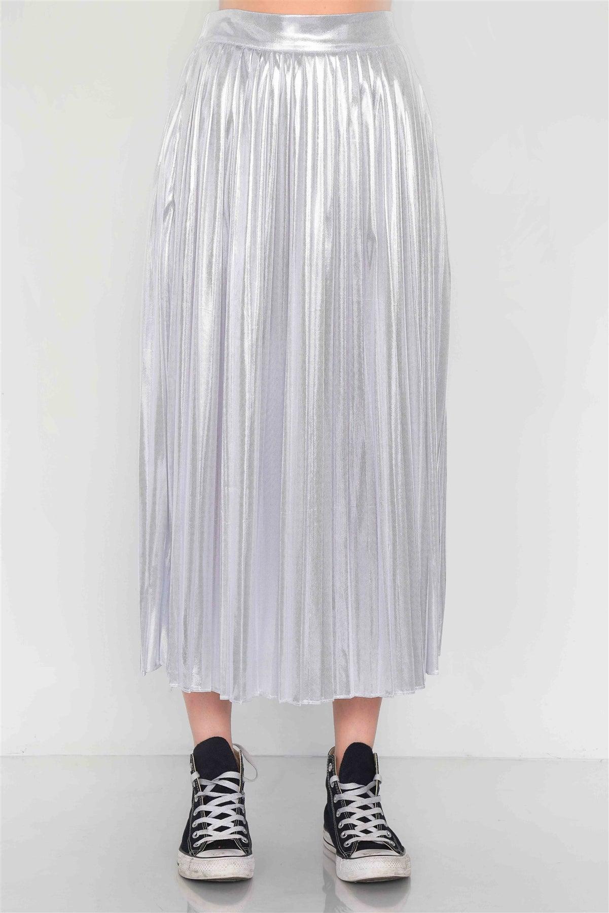 Silver Metallic Pleated Chic Midi Skirt
