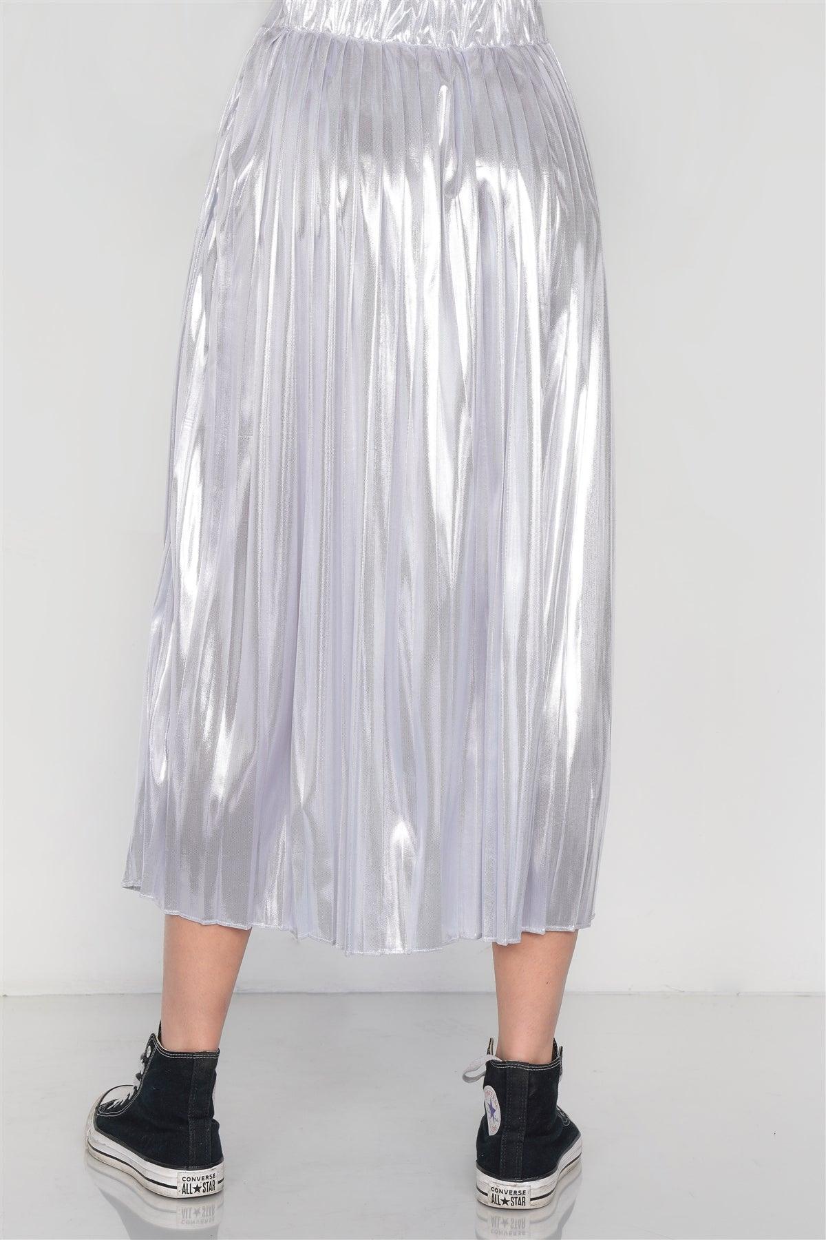 Silver Metallic Pleated Chic Midi Skirt