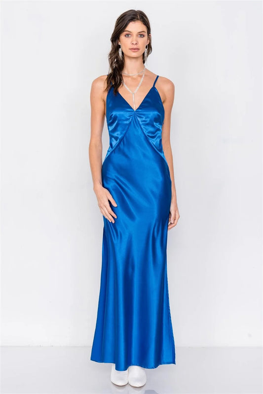 Blue Satin Elegant Double Slit Sleeveless Maxi Dress /3-2-1 - Tasha Apparel Wholesale
