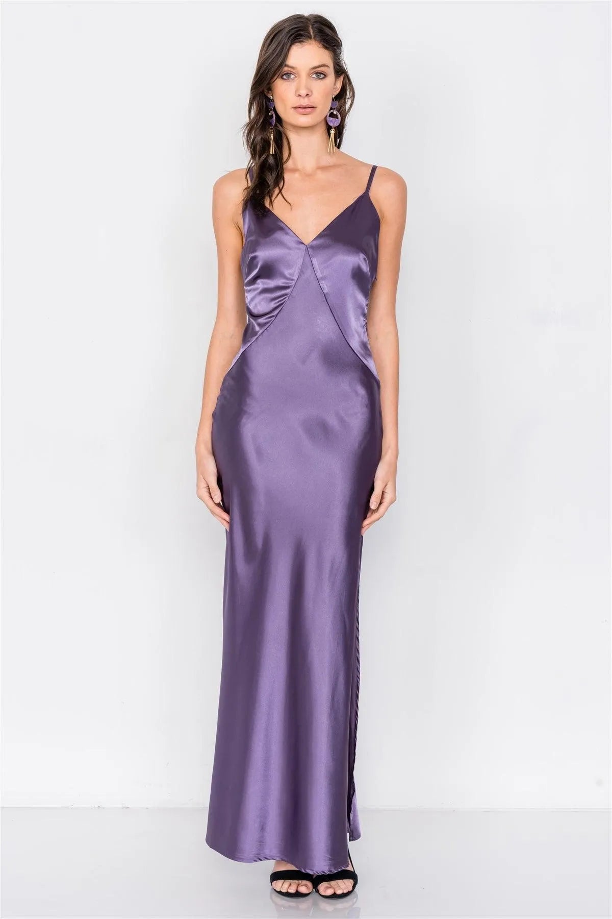Eggplant Satin Elegant Double Slit Sleeveless Maxi Dress /3-2-1 - Tasha Apparel Wholesale