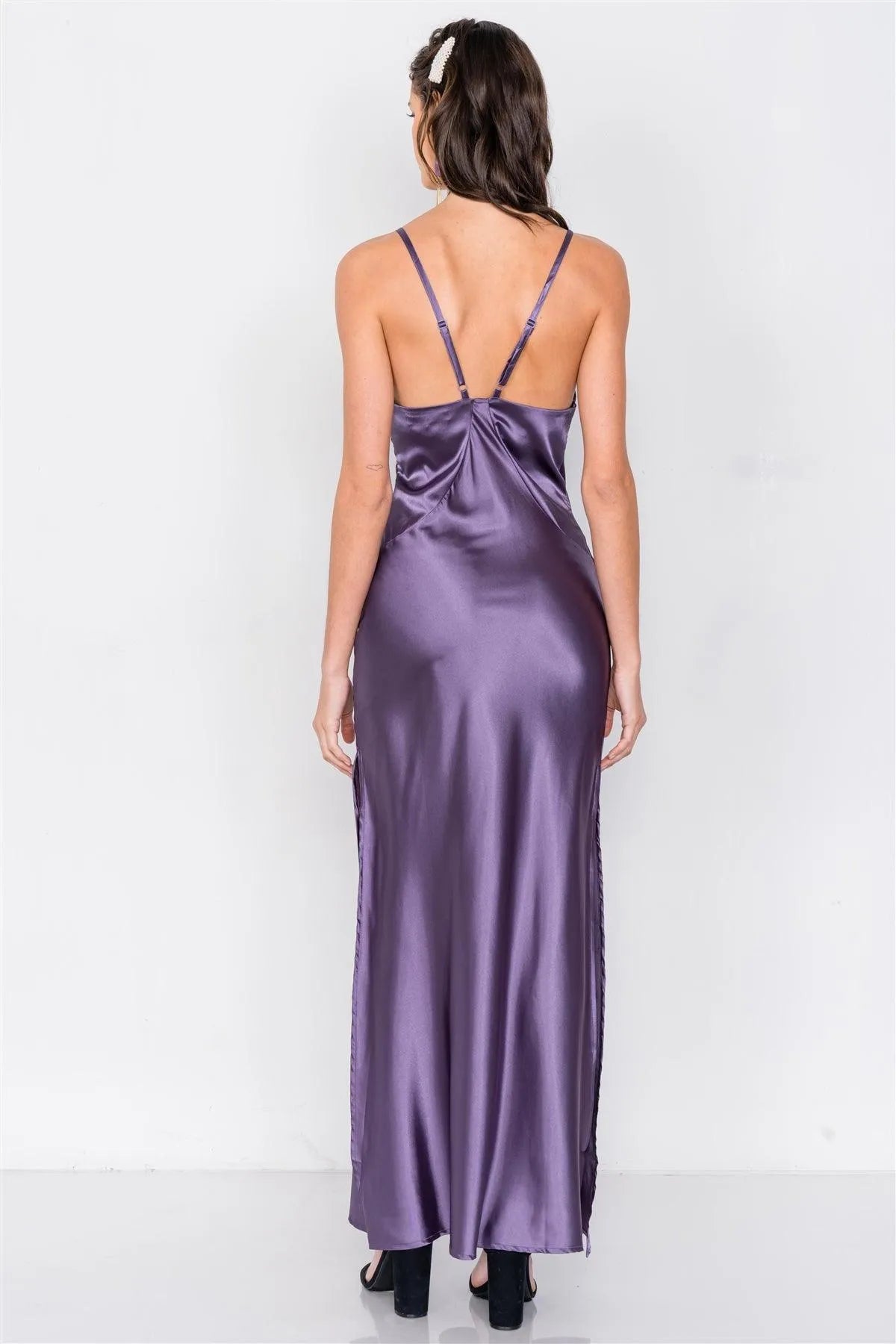 Eggplant Satin Elegant Double Slit Sleeveless Maxi Dress /3-2-1 - Tasha Apparel Wholesale