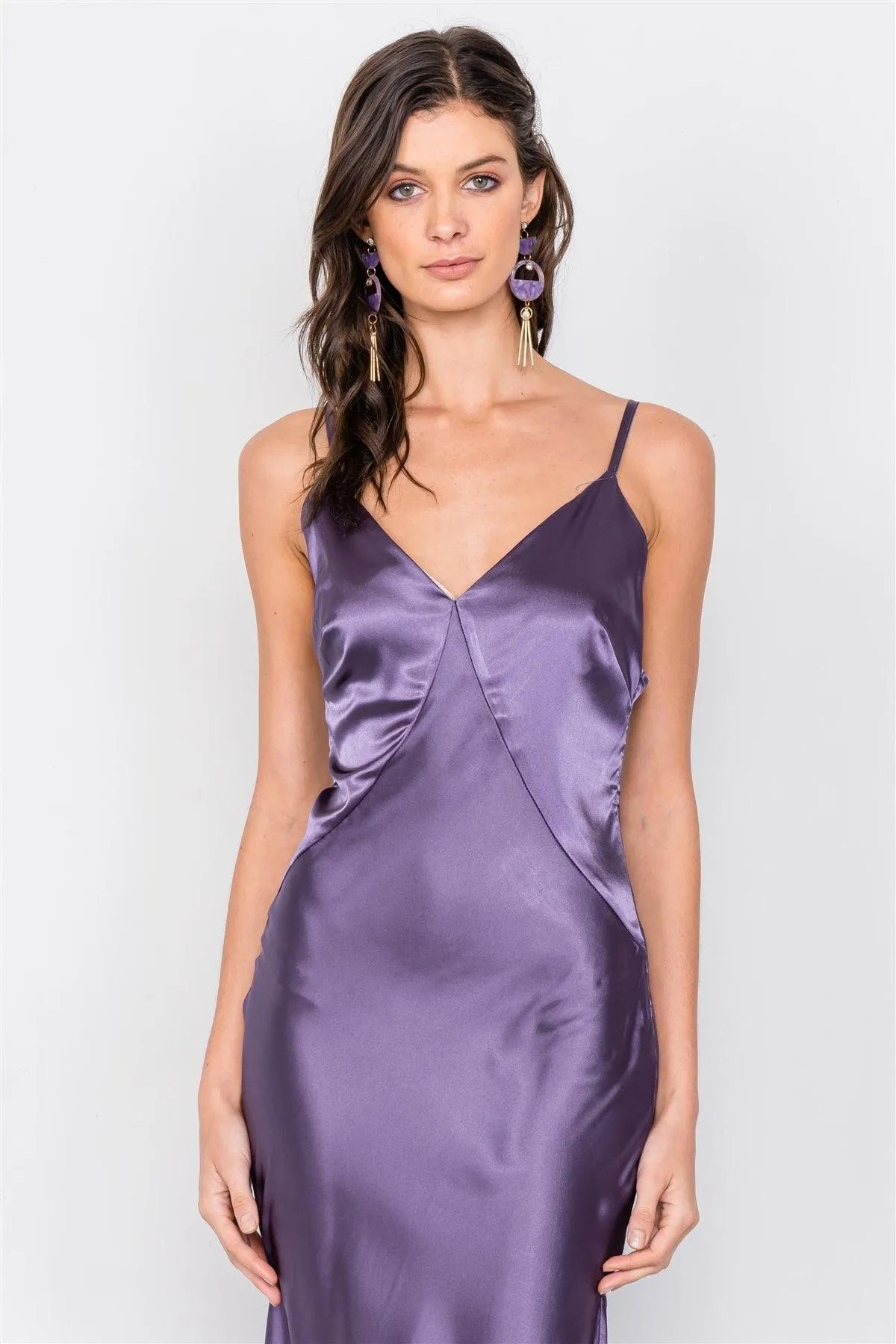 Eggplant Satin Elegant Double Slit Sleeveless Maxi Dress /3-2-1 - Tasha Apparel Wholesale
