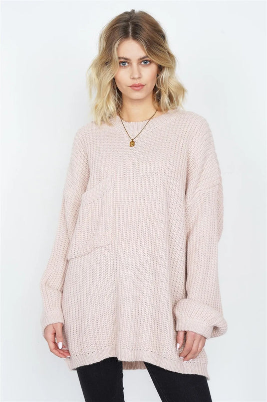 Taupe Rose Knit Relaxed Fit Puff Sleeve Comfy Sweater /4-2 - Tasha Apparel Wholesale