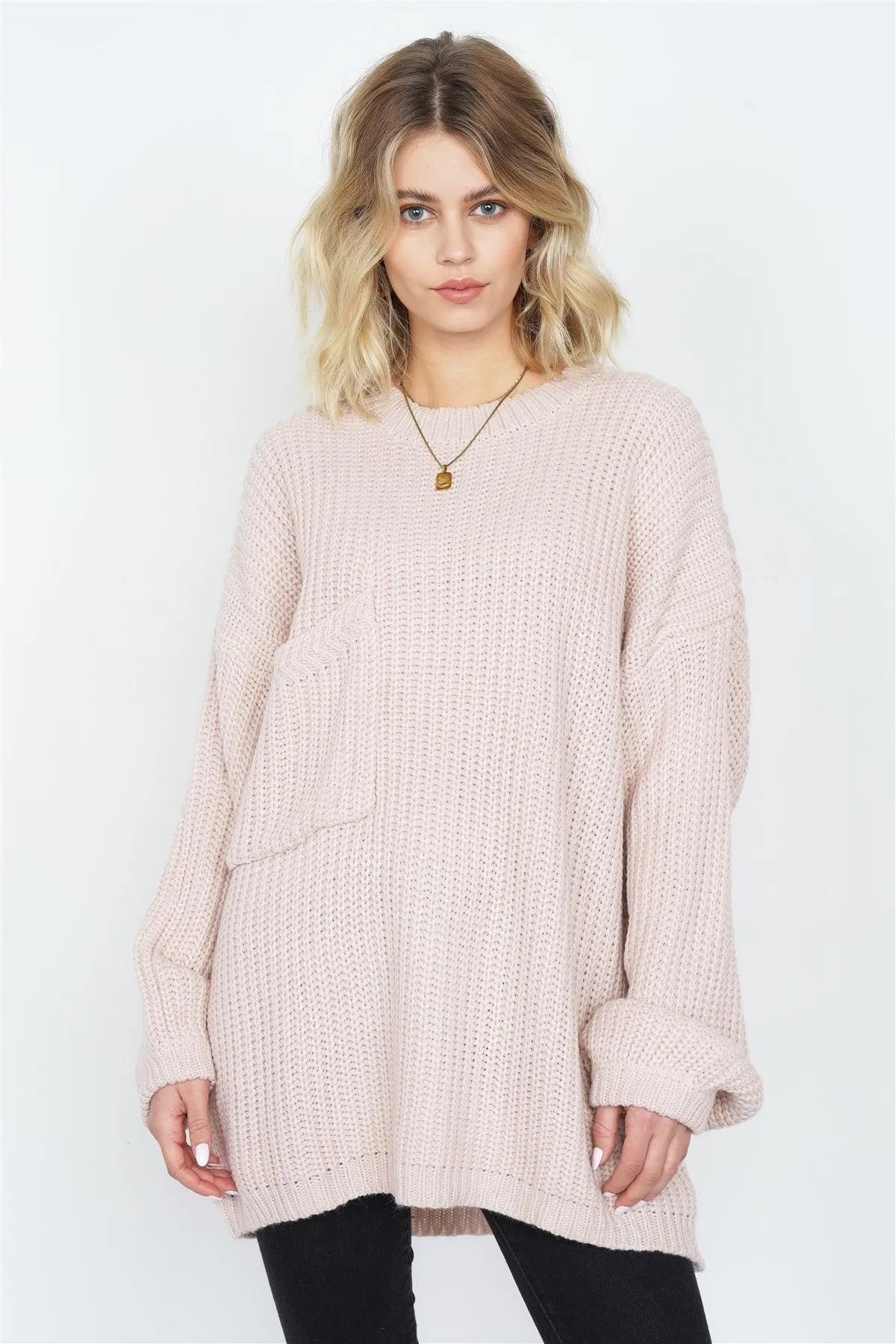 Taupe Rose Knit Relaxed Fit Puff Sleeve Comfy Sweater - Tasha Apparel Wholesale