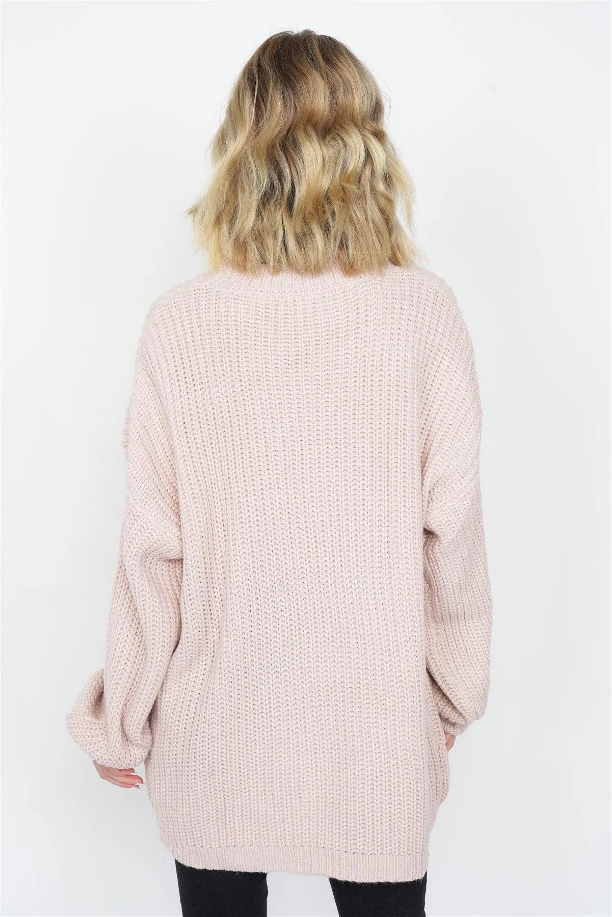 Taupe Rose Knit Relaxed Fit Puff Sleeve Comfy Sweater - Tasha Apparel Wholesale
