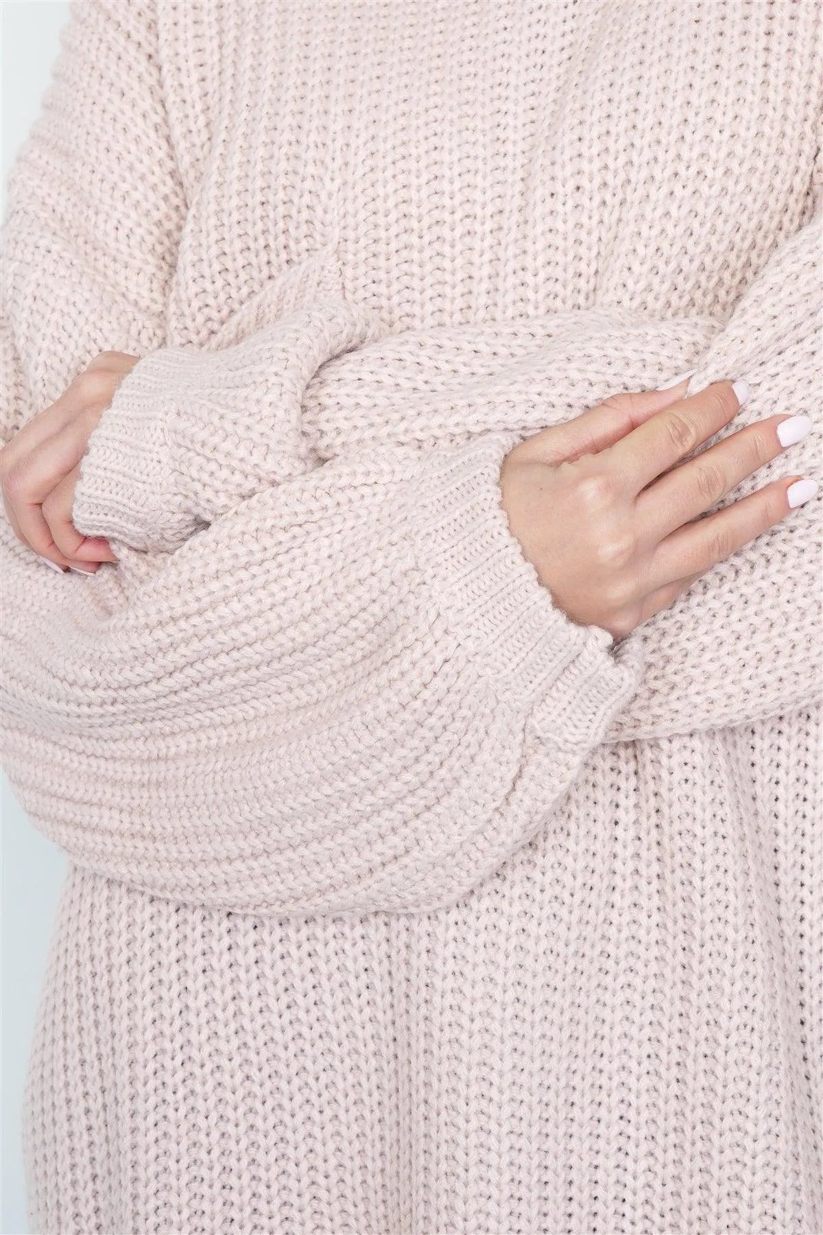 Taupe Rose Knit Relaxed Fit Puff Sleeve Comfy Sweater - Tasha Apparel Wholesale