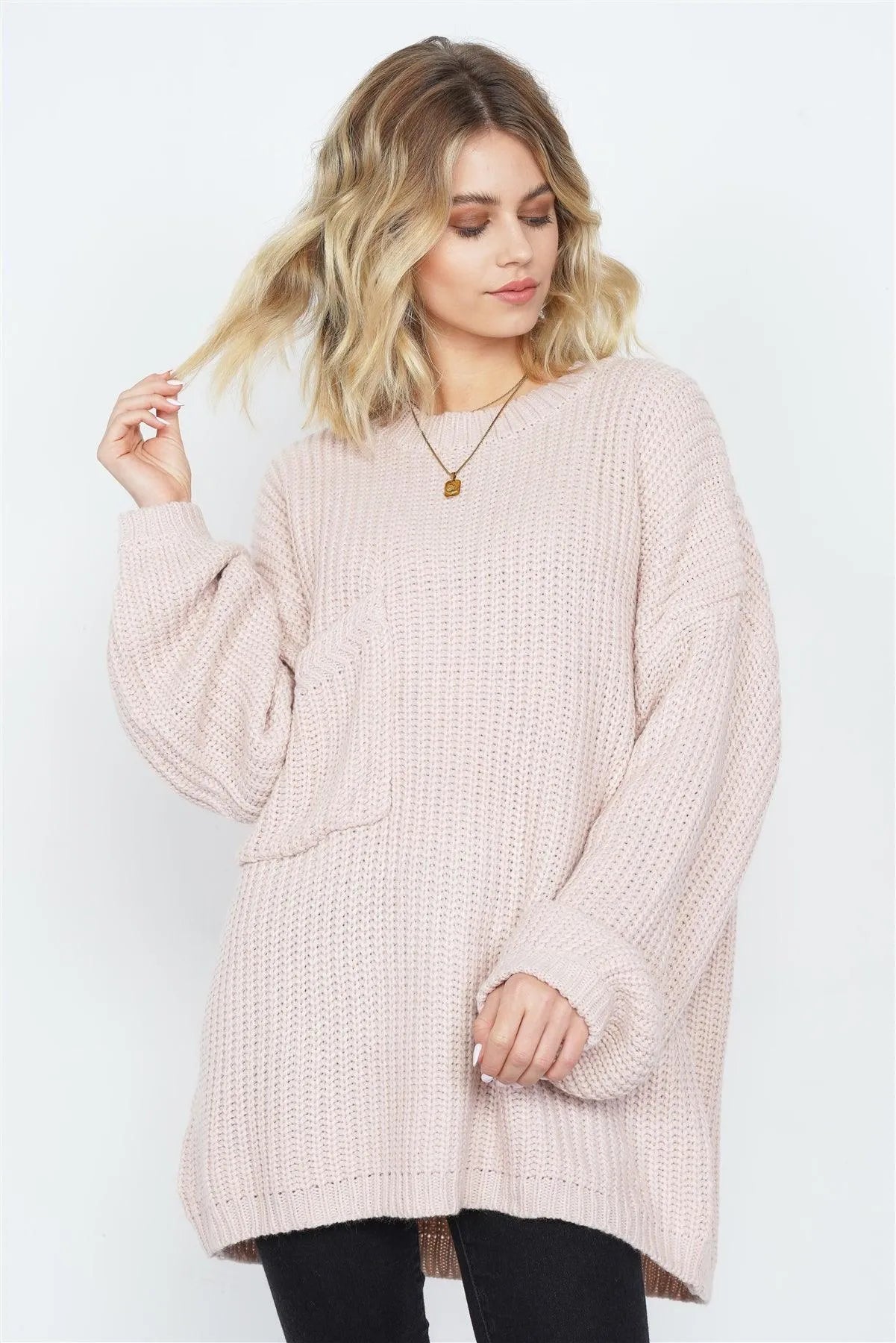 Taupe Rose Knit Relaxed Fit Puff Sleeve Comfy Sweater - Tasha Apparel Wholesale