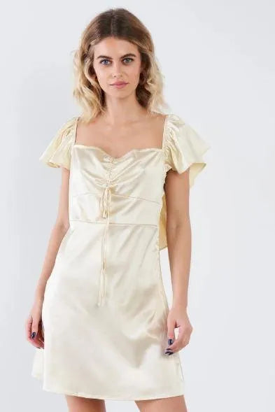 Silk Square Neck Butterfly Sleeve Loe Back Mini Dress - Tasha Apparel Wholesale