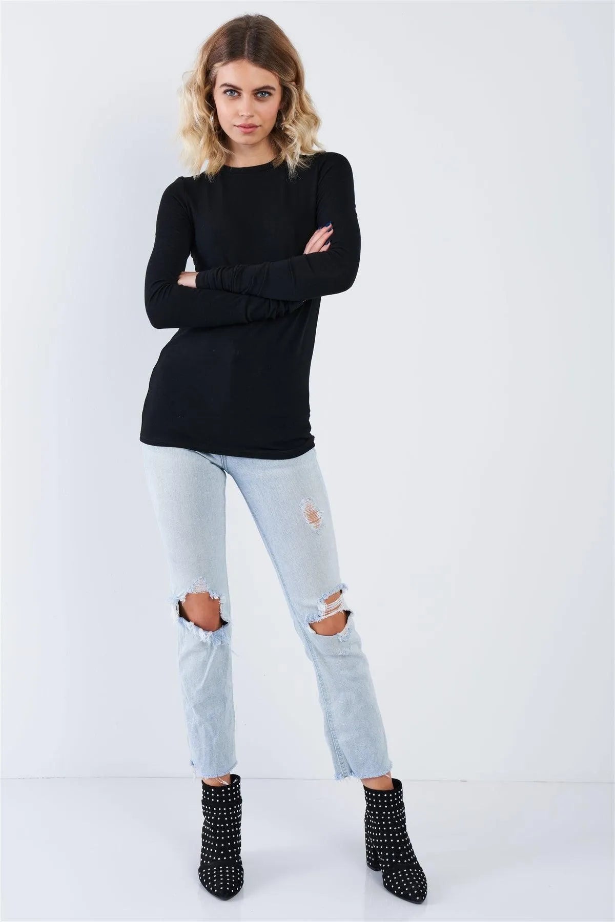 Black Casual Basic Long Sleeve Stretchy Bodycon Top - Tasha Apparel Wholesale