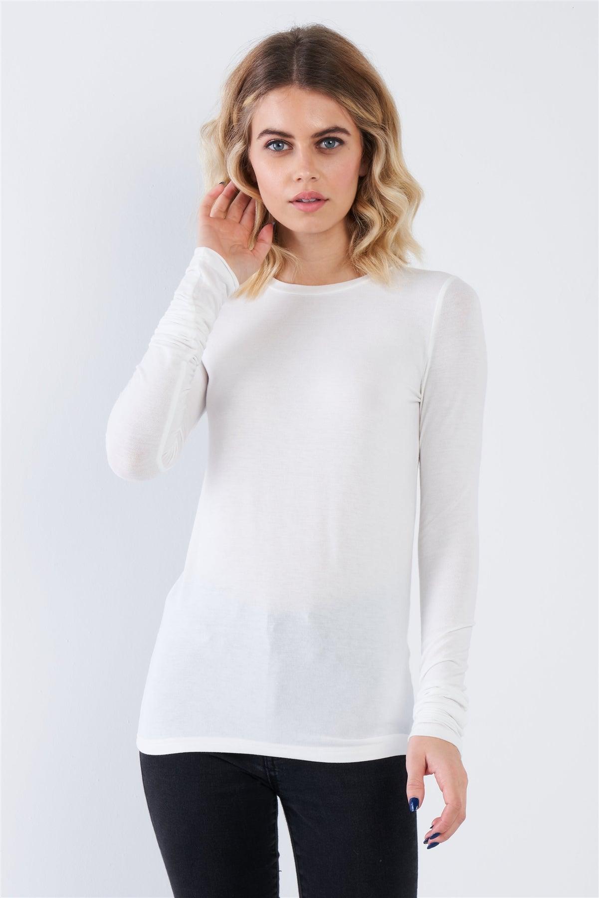 Off-White Casual Basic Long Sleeve Stretchy Bodycon Top  /3-2-1