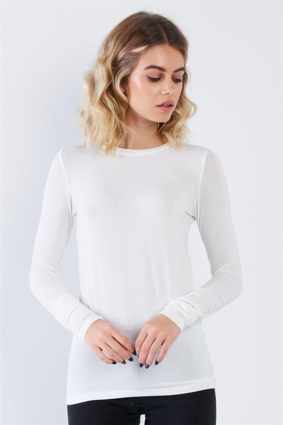 Off-White Casual Basic Long Sleeve Stretchy Bodycon Top  /3-2-1