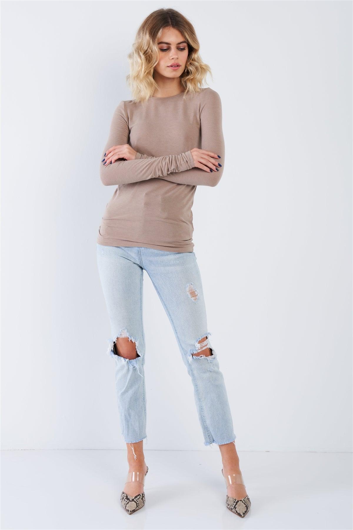 Taupe Casual Basic Long Sleeve Stretchy Bodycon Top  /3-2-1