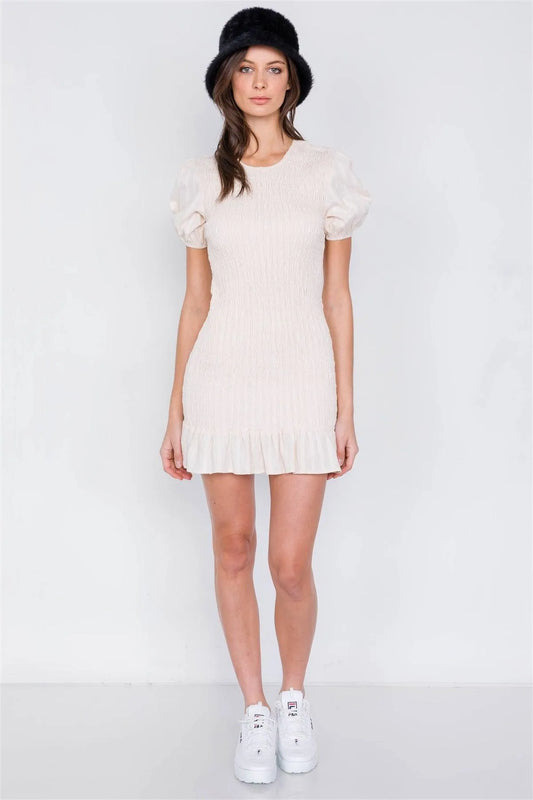 Ecru Smocked Frill Mermaid Hem Puff Sleeve Mini Dress /2-2-1 - Tasha Apparel Wholesale