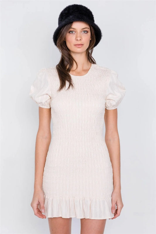 Ecru Smocked Frill Mermaid Hem Puff Sleeve Mini Dress /3-2-1 - Tasha Apparel Wholesale