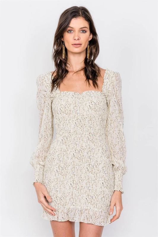 Ivory Ruched Bodice Sheer Flounce Hem Puff Sleeve Mini Dress /3-2-1 - Tasha Apparel Wholesale