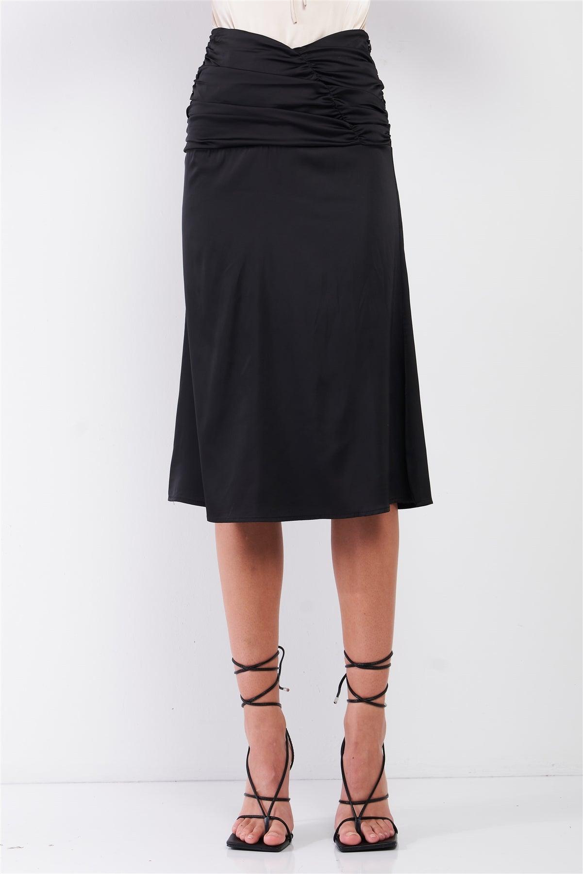 Black Satin Ruffle Waist Midi Skirt /3-2-1