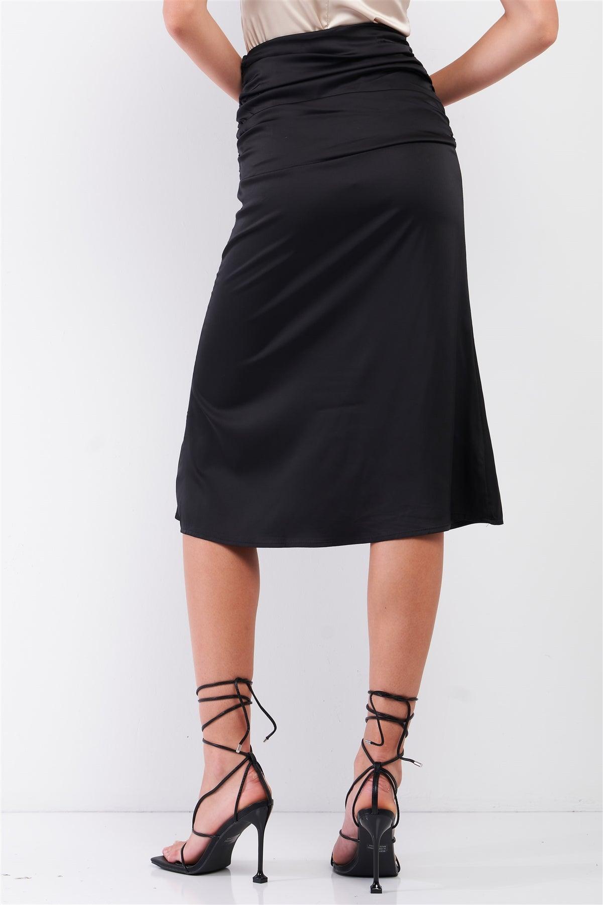 Black Satin Ruffle Waist Midi Skirt /3-2-1