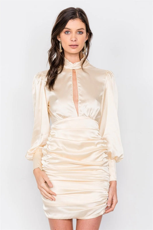 Gold Beauty Turtleneck Open Back Silk Mini Bodycon Dress /3-2-1 - Tasha Apparel Wholesale