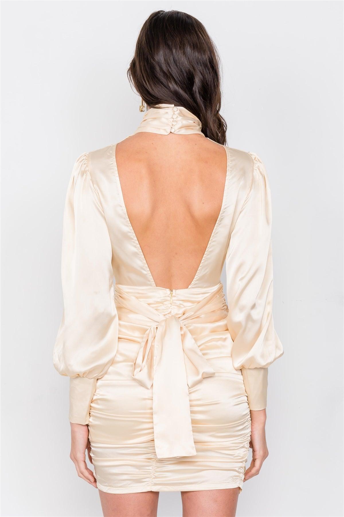 Gold Beauty Turtleneck Open Back Silk Mini Bodycon Dress  /3-2-1