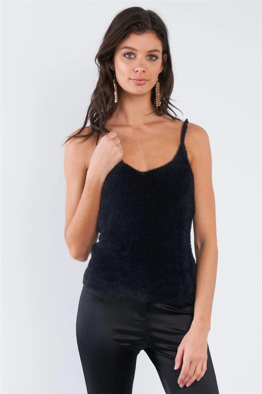 Black Hairy Ribbed V-Neck Spaghetti Strap Tank Top /3-2-1 - Tasha Apparel Wholesale