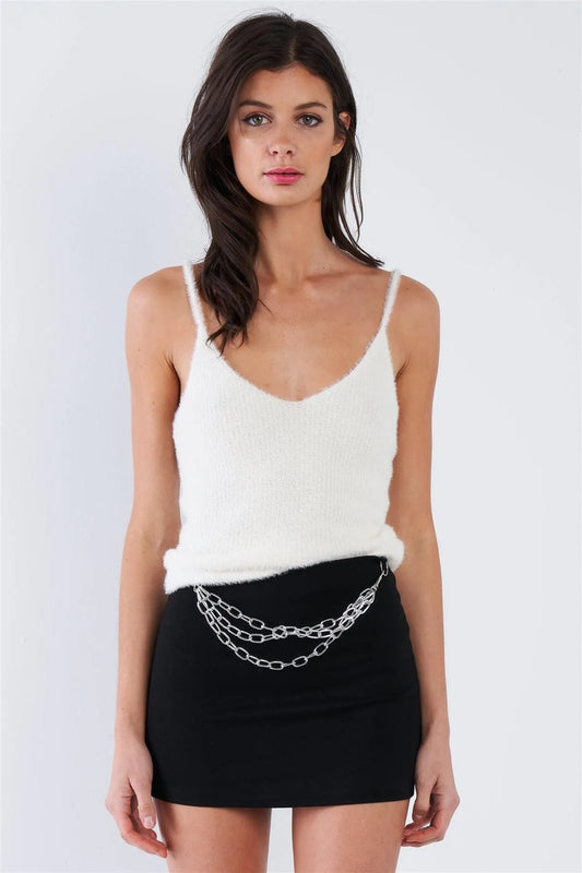 Ivory Hairy Ribbed V-Neck Spaghetti Strap Tank Top /2-2-1 - Tasha Apparel Wholesale