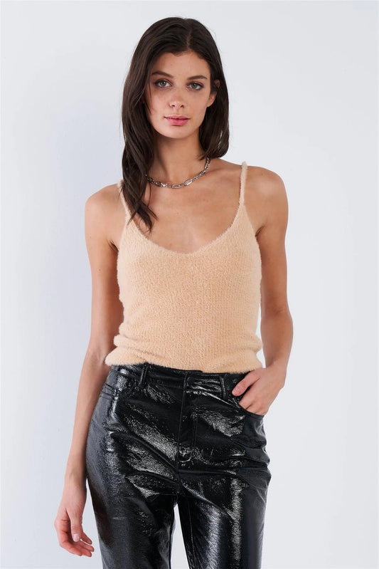 Taupe Hairy Ribbed V-Neck Spaghetti Strap Tank Top /3-2-1 - Tasha Apparel Wholesale