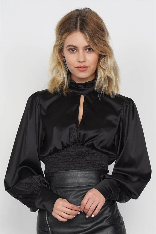 Silk Black Open Back Crop Turtleneck Blouse /3-2-1 - Tasha Apparel Wholesale