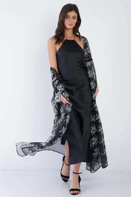 Black Silk Halter Side Slit Criss-Cross Open Back Midi Dress /2-2-1 - Tasha Apparel Wholesale