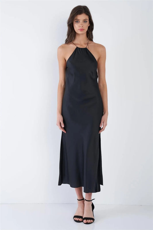 Black Silk Halter Side Slit Criss-Cross Open Back Midi Dress /3-2-1 - Tasha Apparel Wholesale