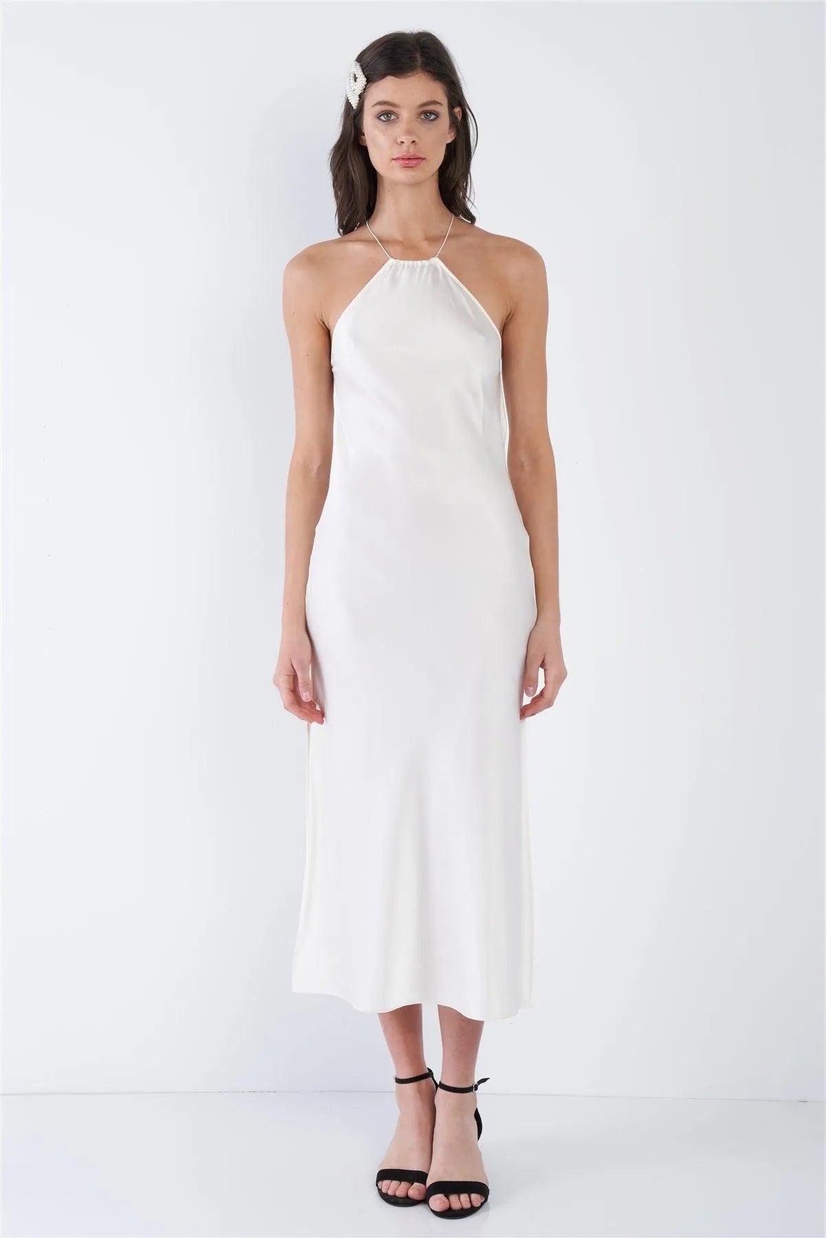 Ivory Silk Halter Side Slit Criss-Cross Open Back Midi Dress /3-2-1 Ivory Silk Halter Side Slit Criss-Cross Open Back Midi Dress /3-2-1