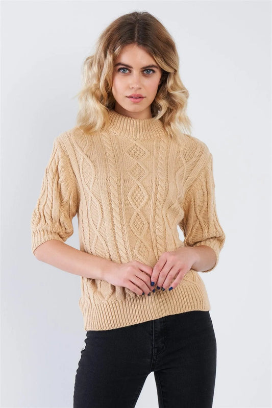 Cable Knit Casual 3/4 Sleeve Mock Neck Chic Sweater - Tasha Apparel Wholesale