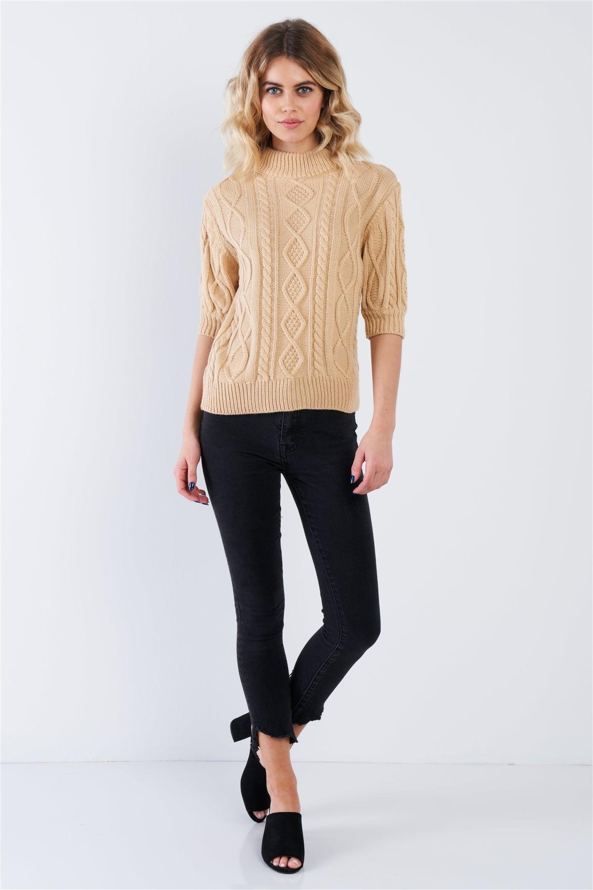 Beige Cable Knit Casual 3/4 Sleeve Mock Neck Chic Sweater