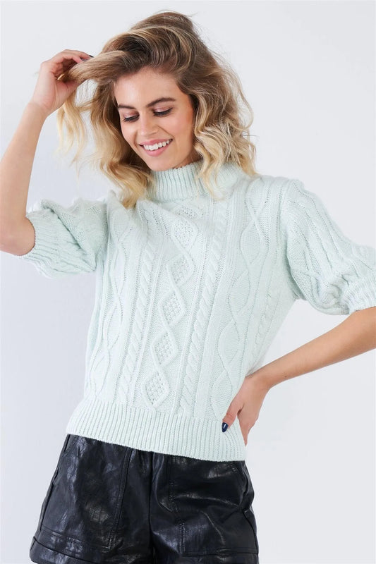 Cloud Blue Cable Knit Casual 3/4 Sleeve Mock Neck Chic Sweater - Tasha Apparel Wholesale