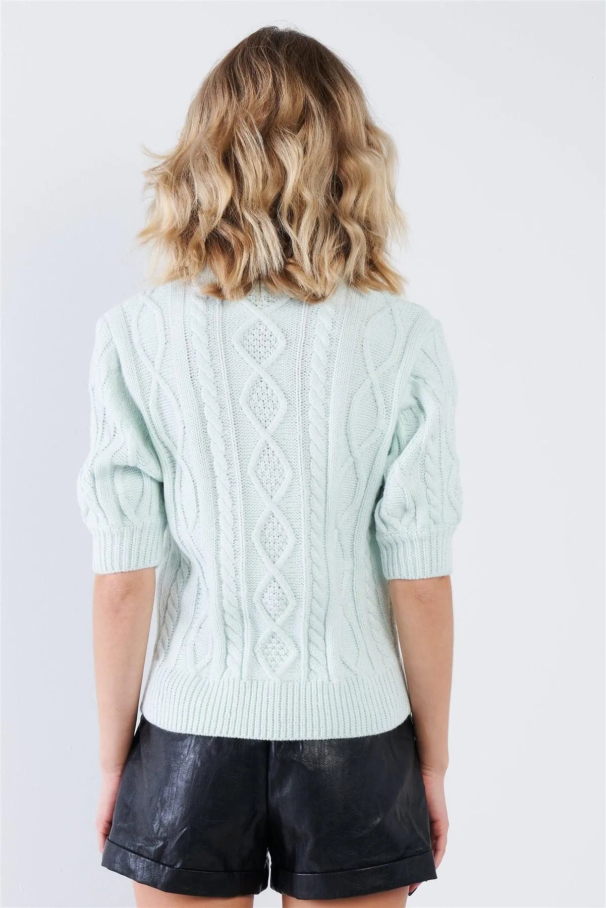 Cloud Blue Cable Knit Casual 3/4 Sleeve Mock Neck Chic Sweater - Tasha Apparel Wholesale