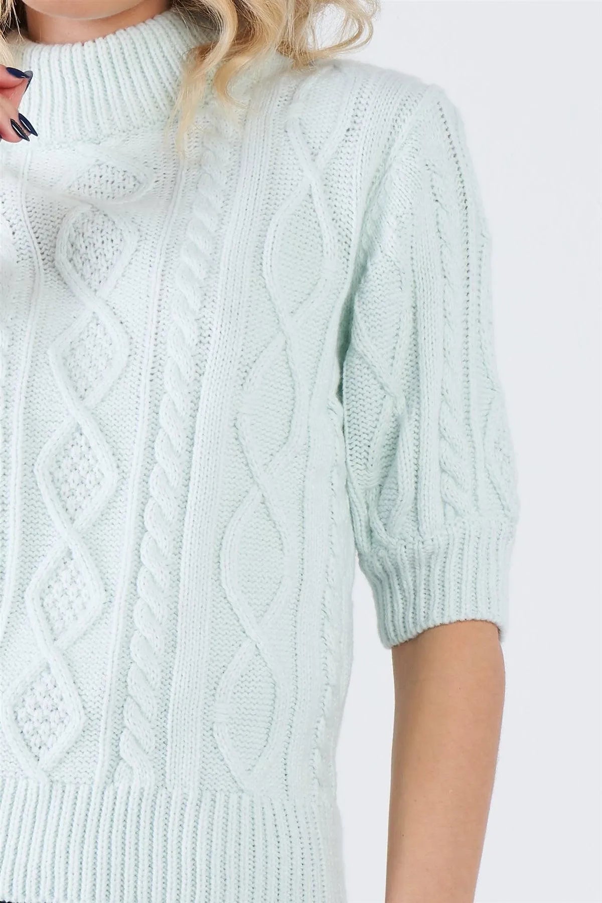 Cloud Blue Cable Knit Casual 3/4 Sleeve Mock Neck Chic Sweater - Tasha Apparel Wholesale