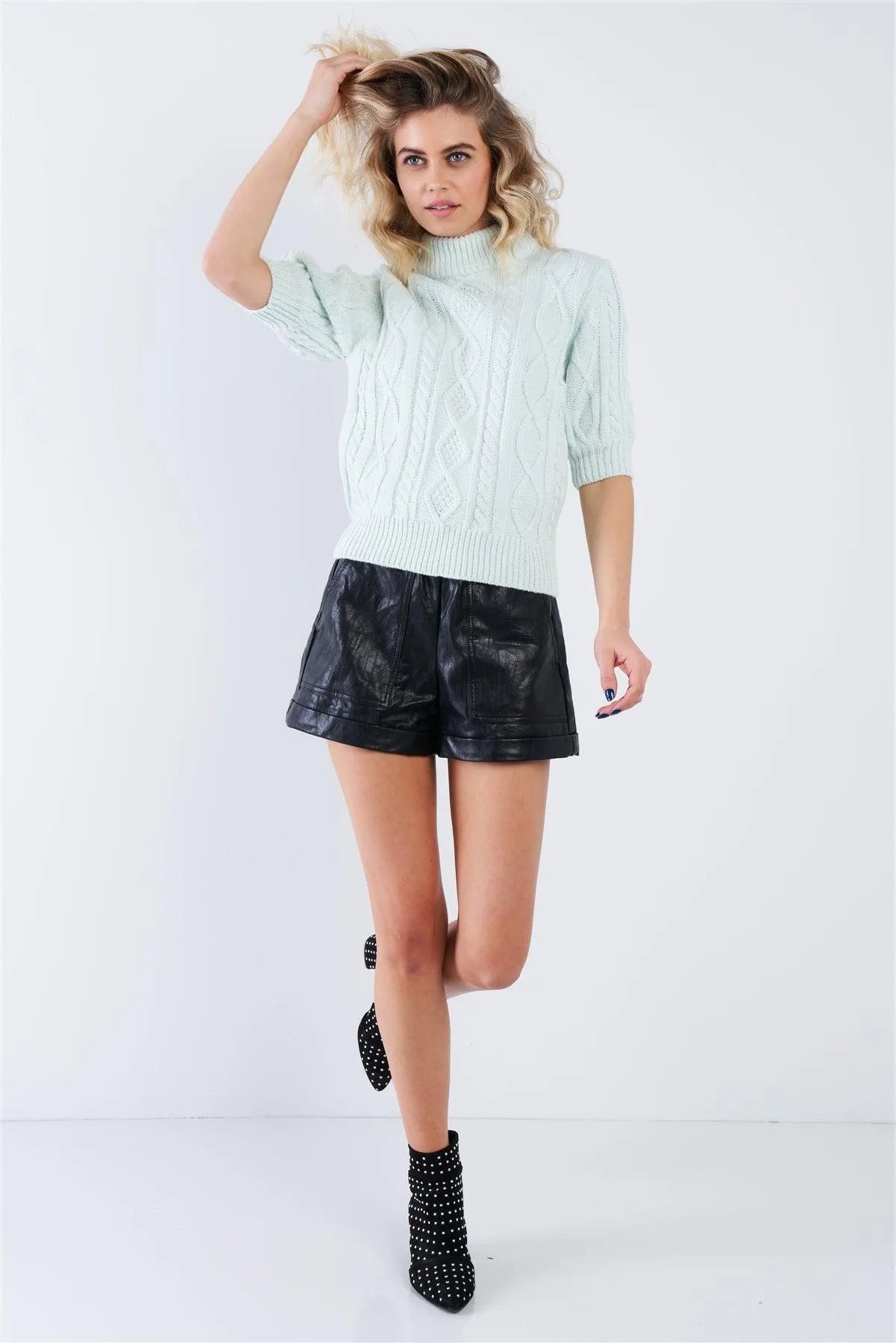 Cloud Blue Cable Knit Casual 3/4 Sleeve Mock Neck Chic Sweater - Tasha Apparel Wholesale