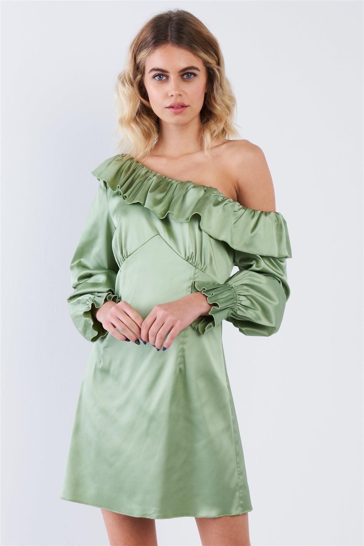 Silk Sage Green Vintage One Shoulder Ruffle Trim Mini Dress  /3-2-1