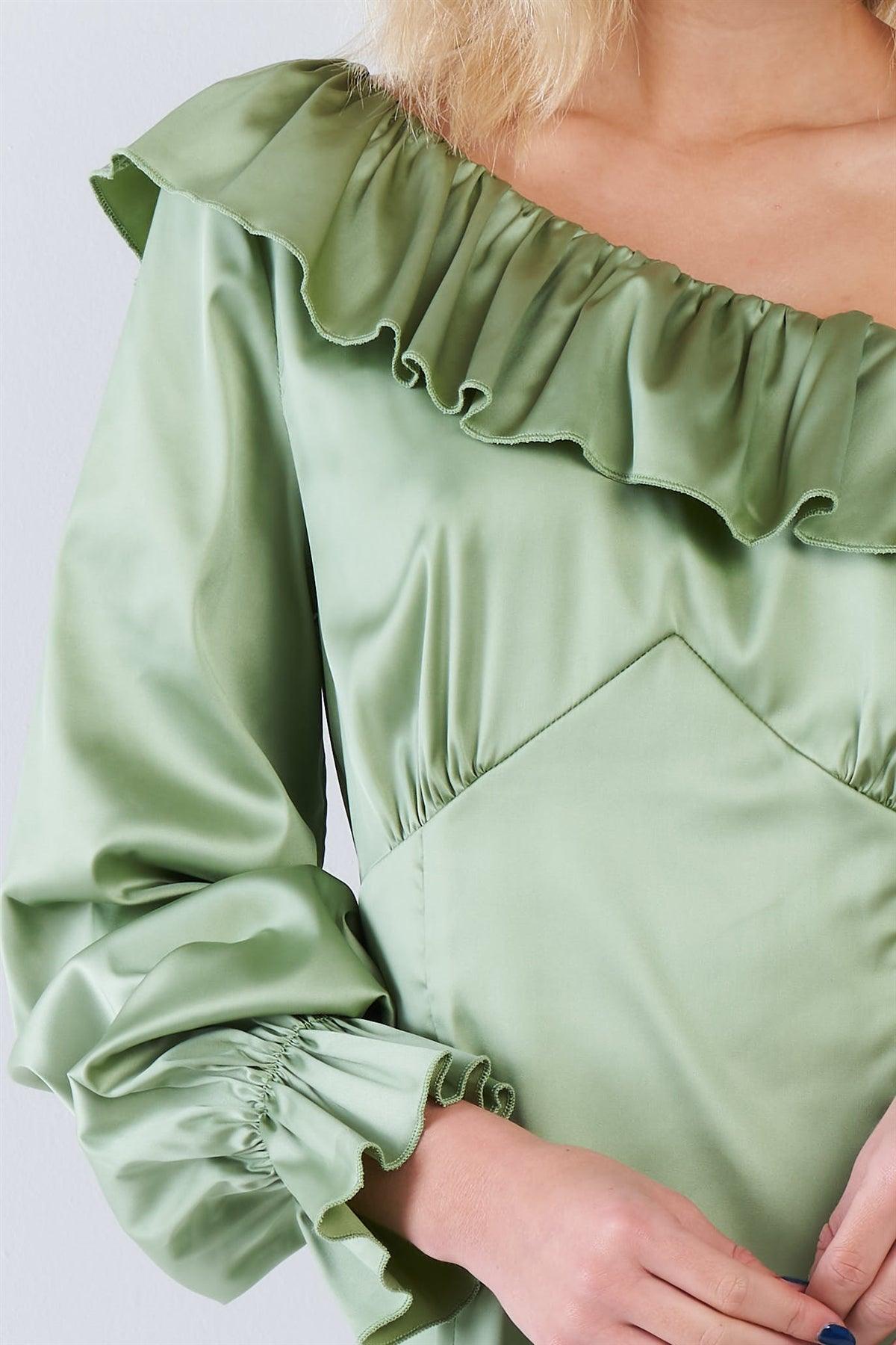 Silk Sage Green Vintage One Shoulder Ruffle Trim Mini Dress  /3-2-1