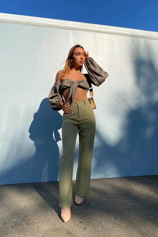 Khaki Olive Solid Office Chic High-Waist Ankle Pant /3-2-1 - Tasha Apparel Wholesale