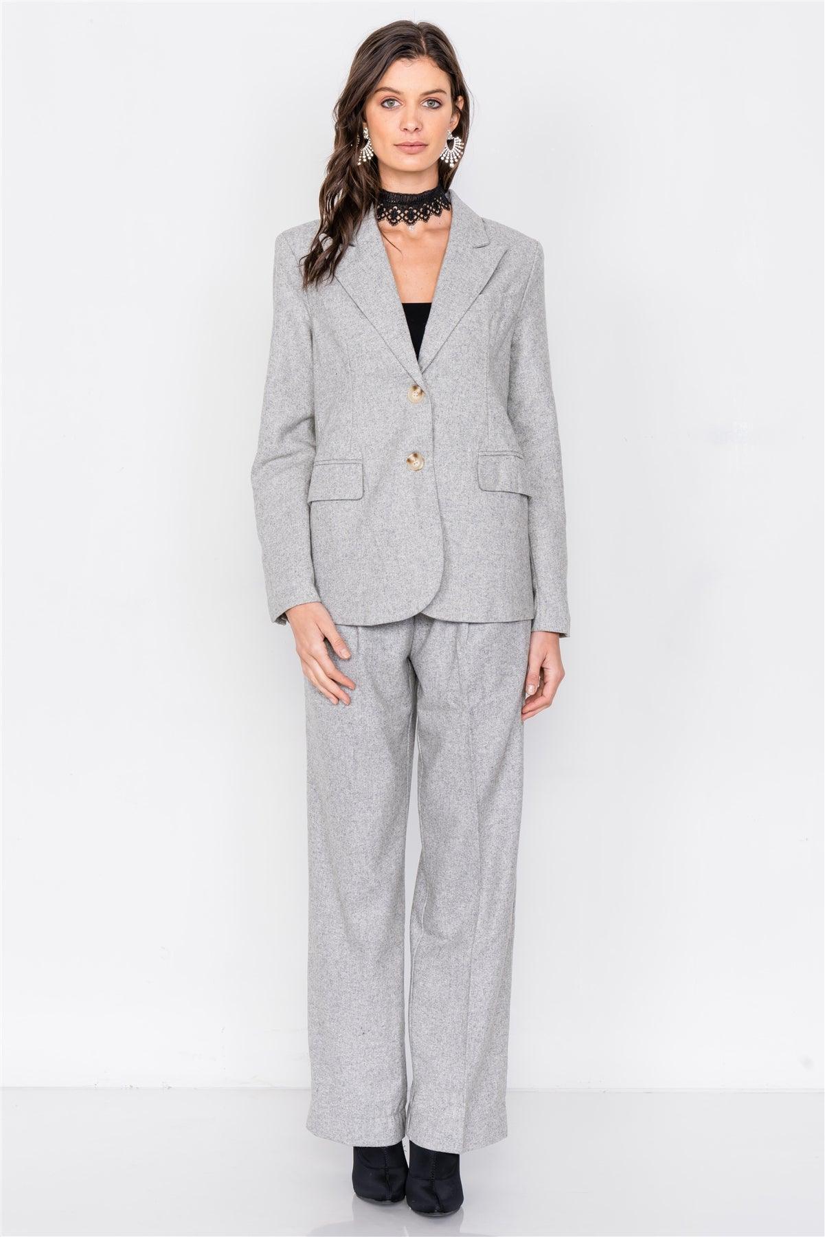 Grey Wool Blazer Office Chic Pleated High-Waist Ankle Pant Set /3-2-1