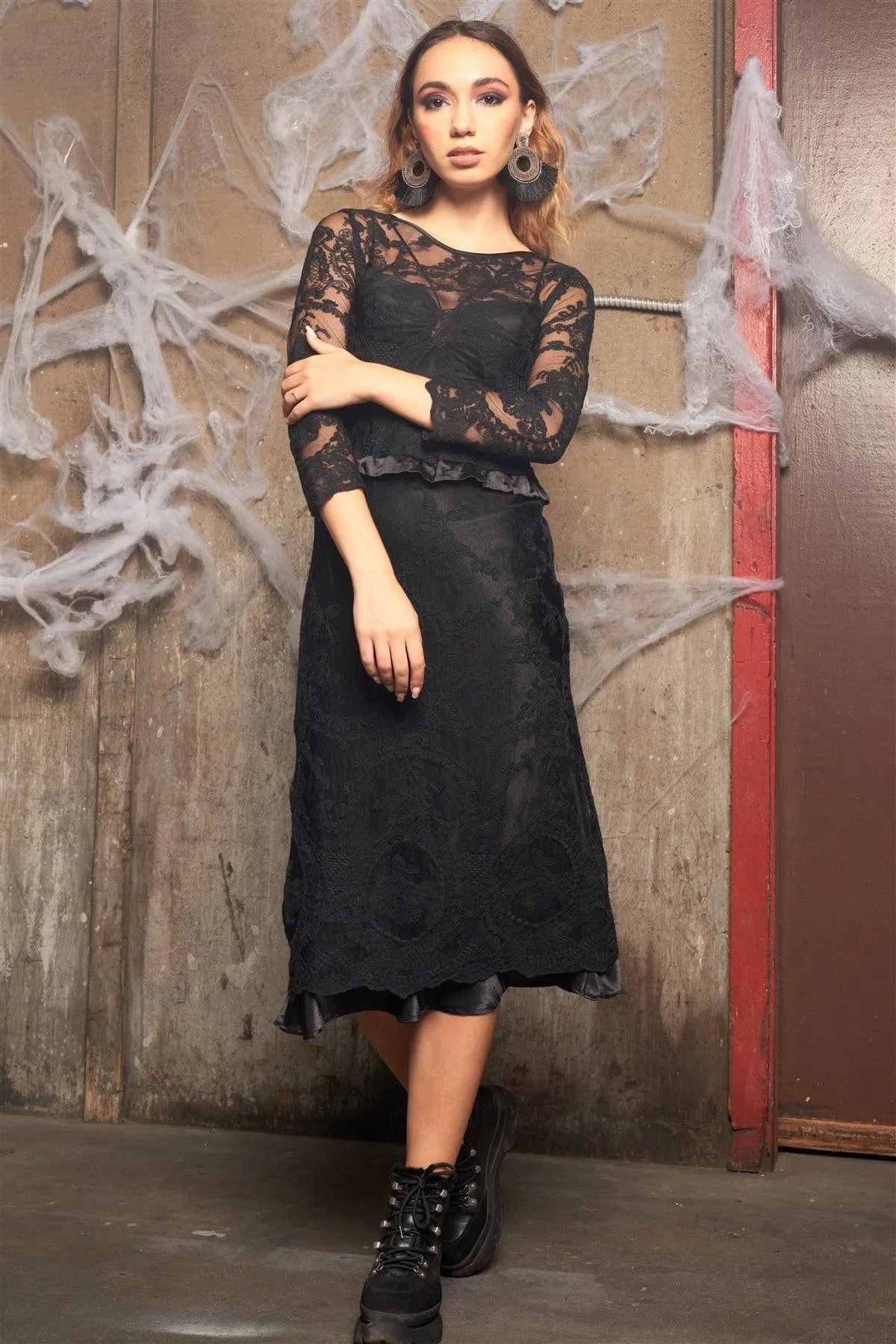 Black Satin Strappy Center Ruffle Keyhole Midi Summer Dress /3-2-1 - Tasha Apparel Wholesale
