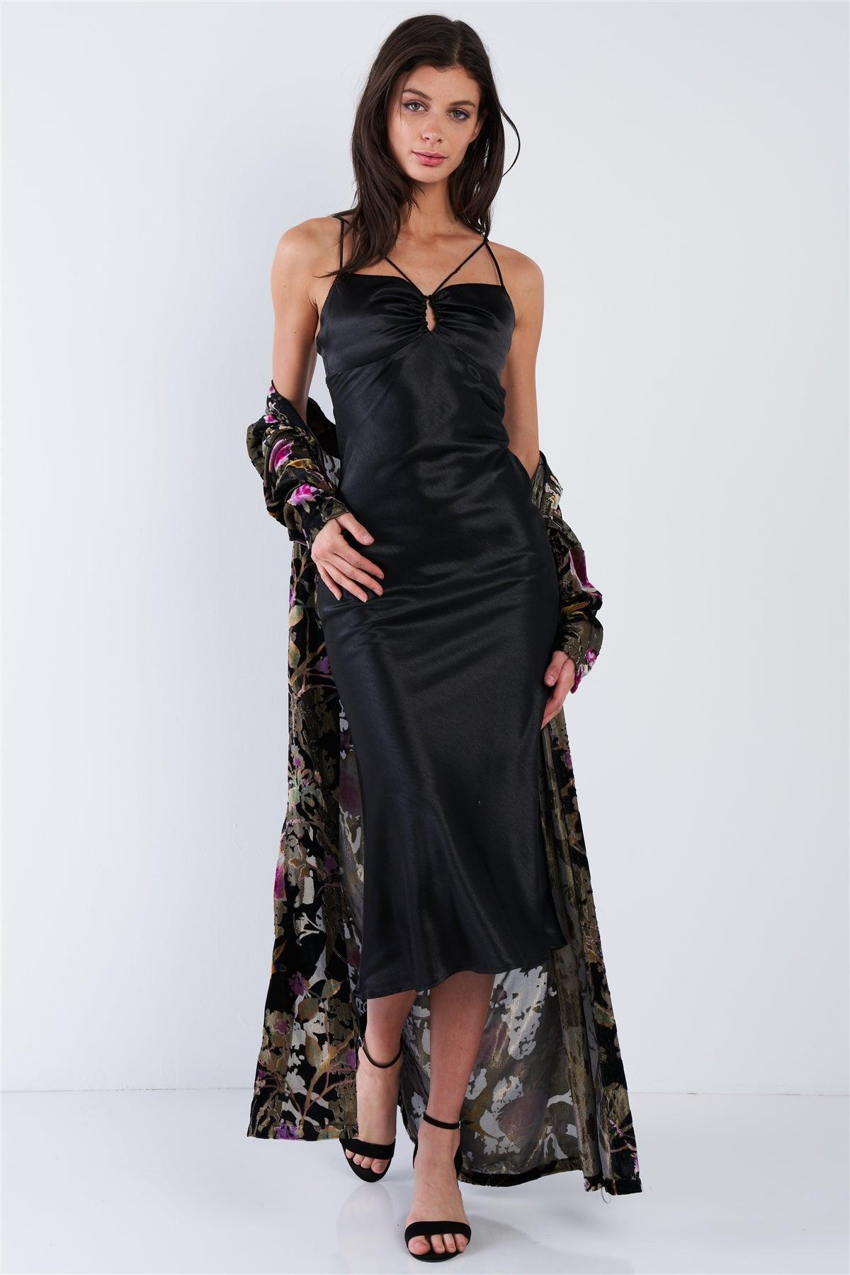 Black Satin Strappy Center Ruffle Keyhole Midi Summer Dress /3-2-1