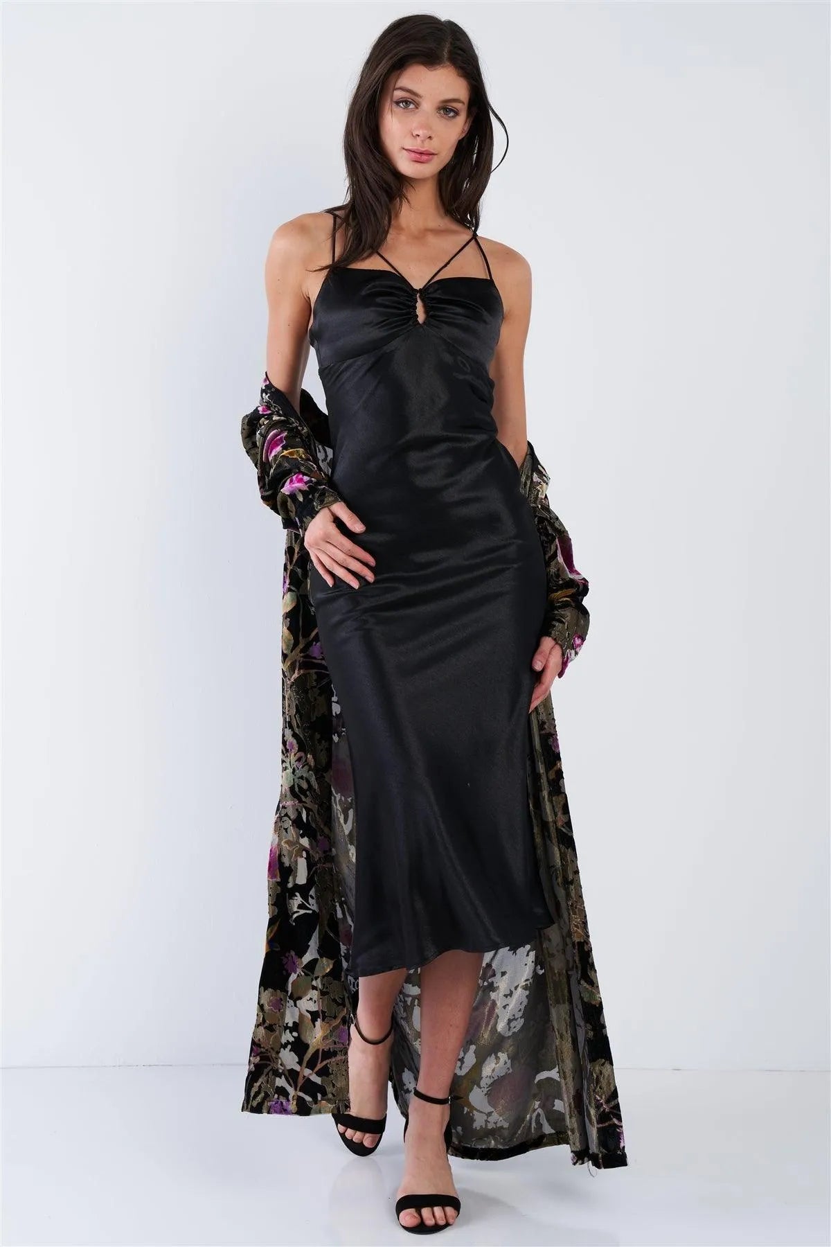 Black Satin Strappy Center Ruffle Keyhole Midi Summer Dress /3-2-1 - Tasha Apparel Wholesale