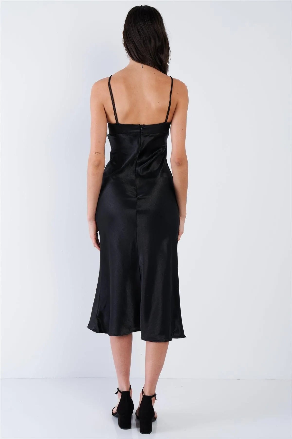 Black Satin Strappy Center Ruffle Keyhole Midi Summer Dress /3-2-1 - Tasha Apparel Wholesale