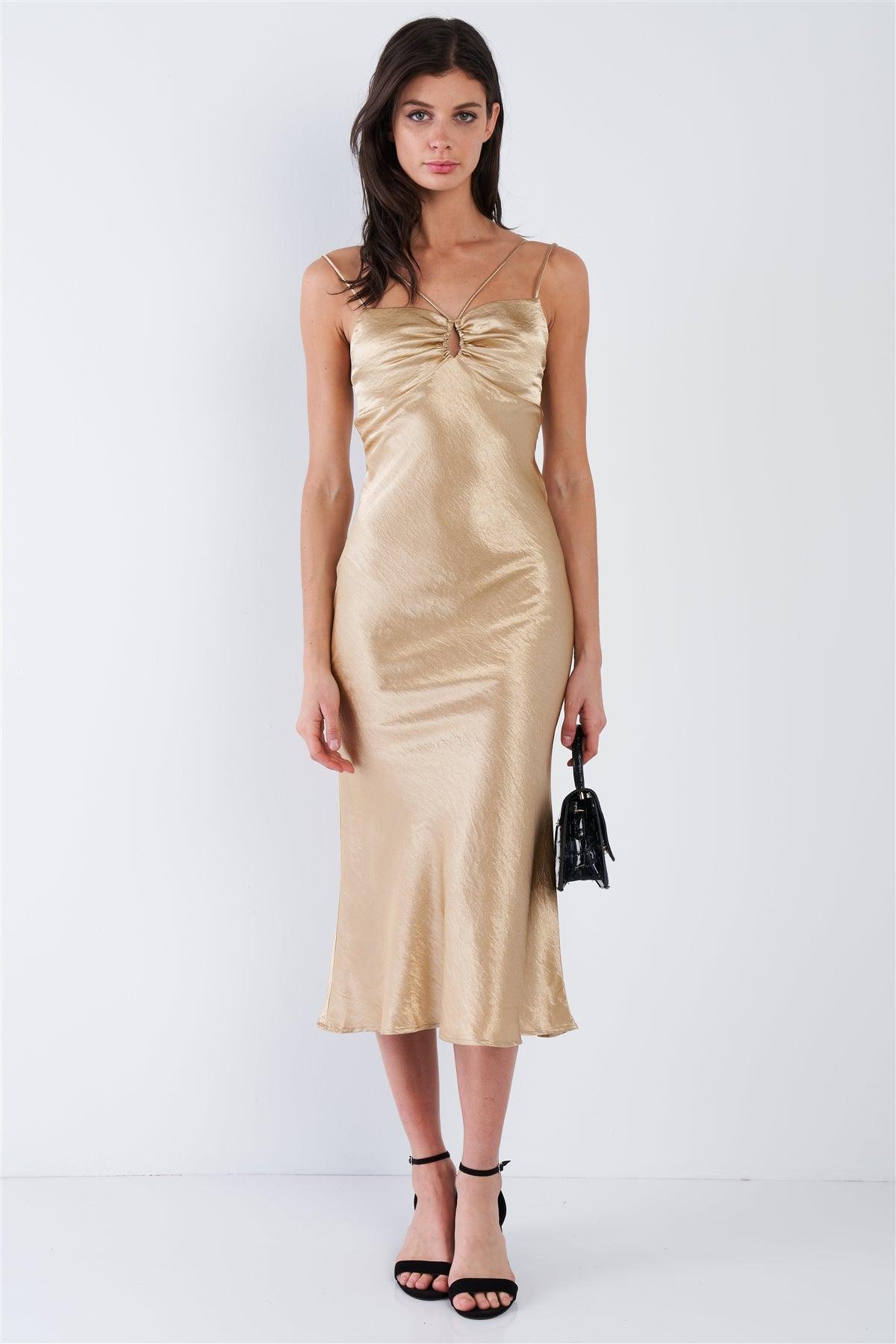 Golden Beige Satin Strappy Center Ruffle Keyhole Midi Summer Dress /3-2-1