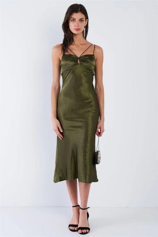 Olive Satin Strappy Center Ruffle Keyhole Midi Summer Dress /3-2-1 - Tasha Apparel Wholesale